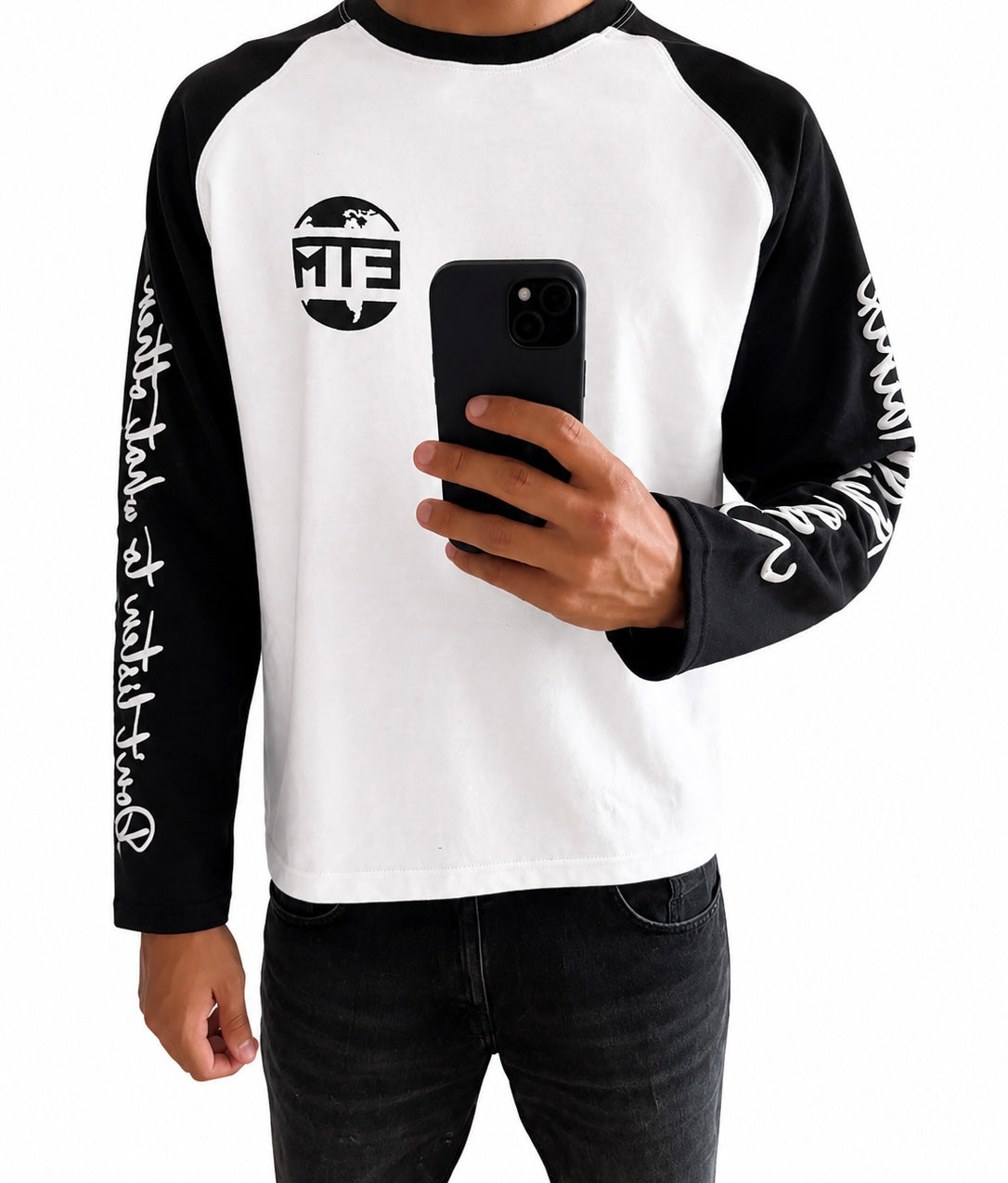 Black and white long sleeve with writing