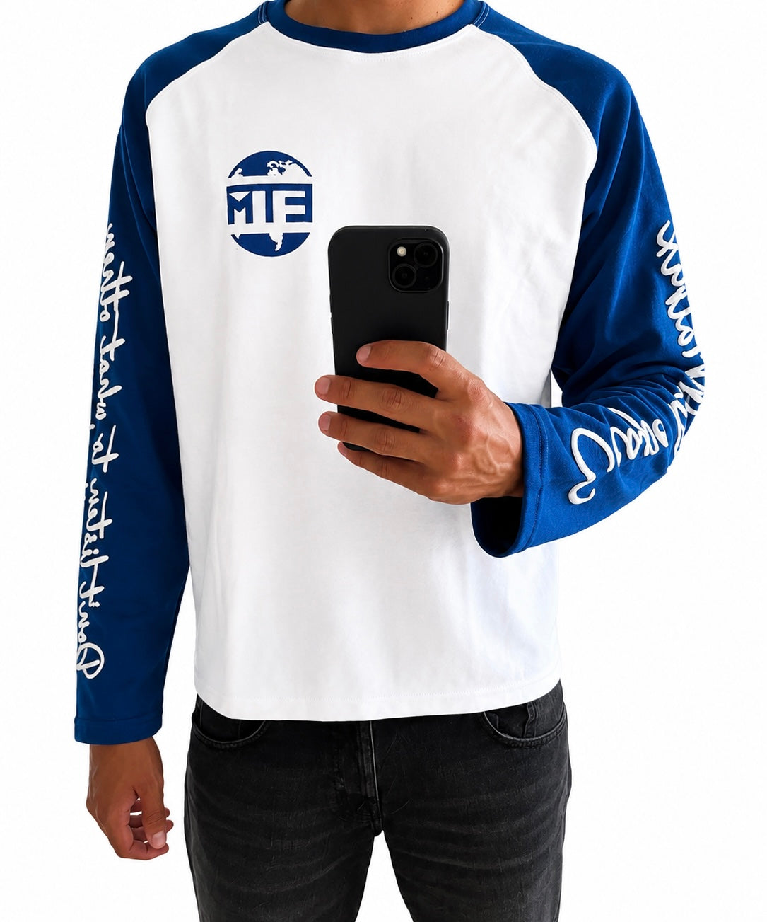 Dark blue and white long sleeve with writing