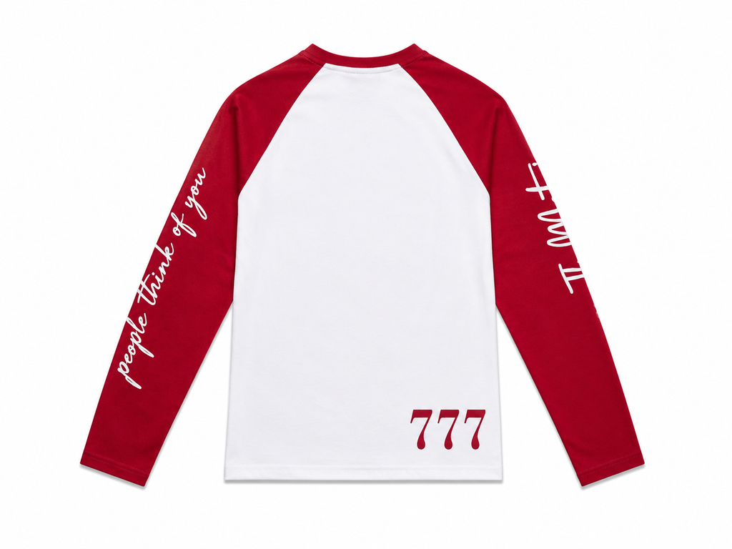Red and white long sleeve with writing