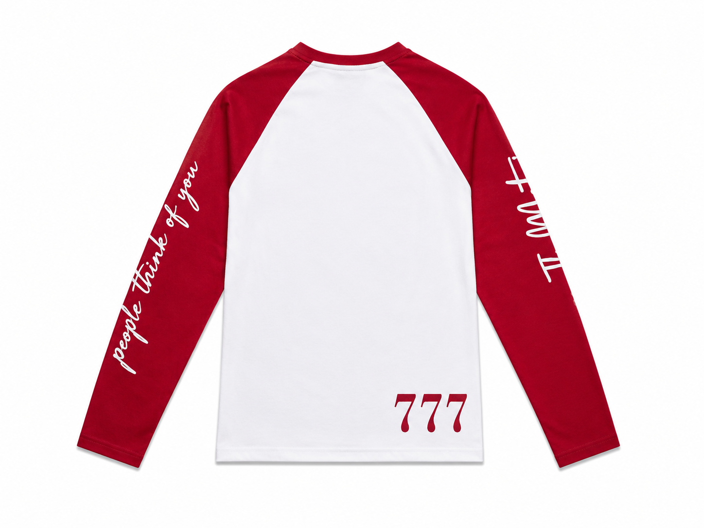 Red and white long sleeve with writing