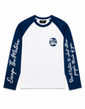 Dark blue and white long sleeve with writing