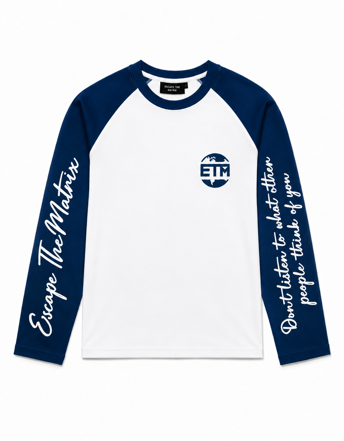 Dark blue and white long sleeve with writing