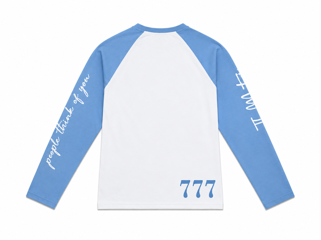 Baby blue and white long sleeve with writing