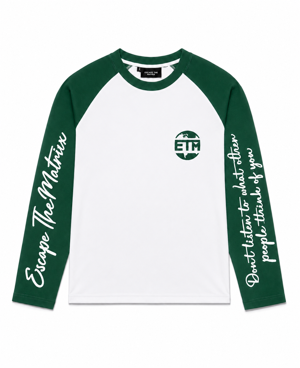 Green and white long sleeve with writing