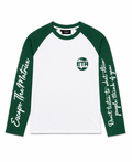 Green and white long sleeve with writing