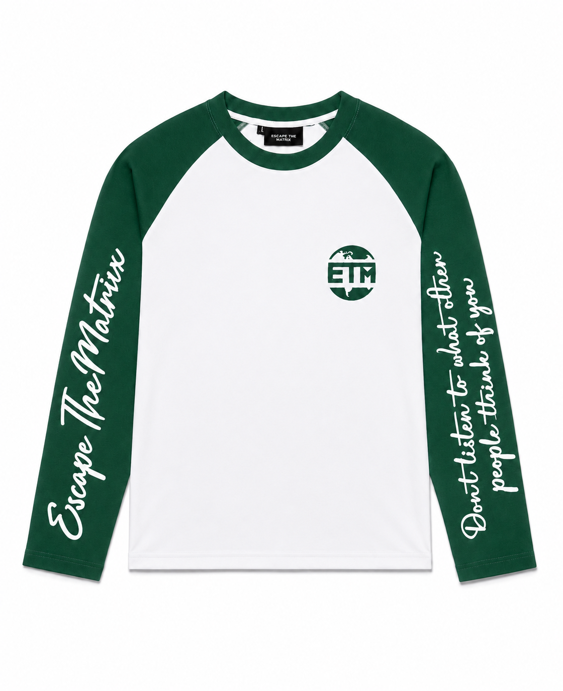 Green and white long sleeve with writing