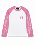 Pink and white long sleeve with writing