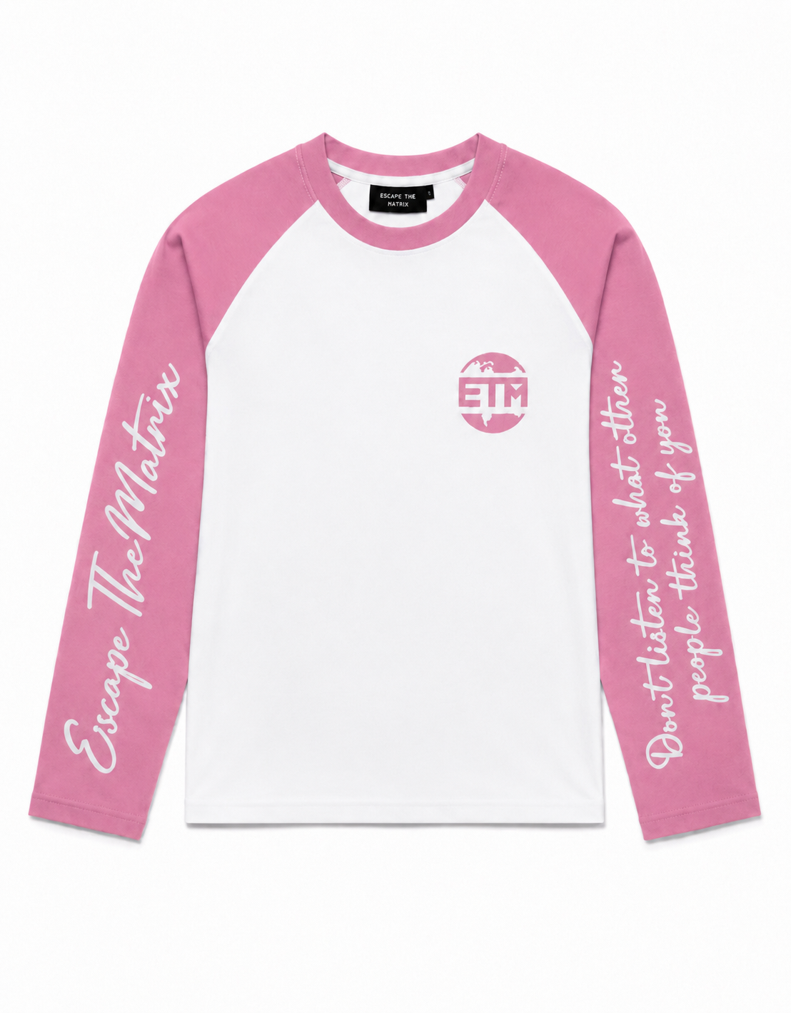 Pink and white long sleeve with writing