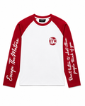 Red and white long sleeve with writing