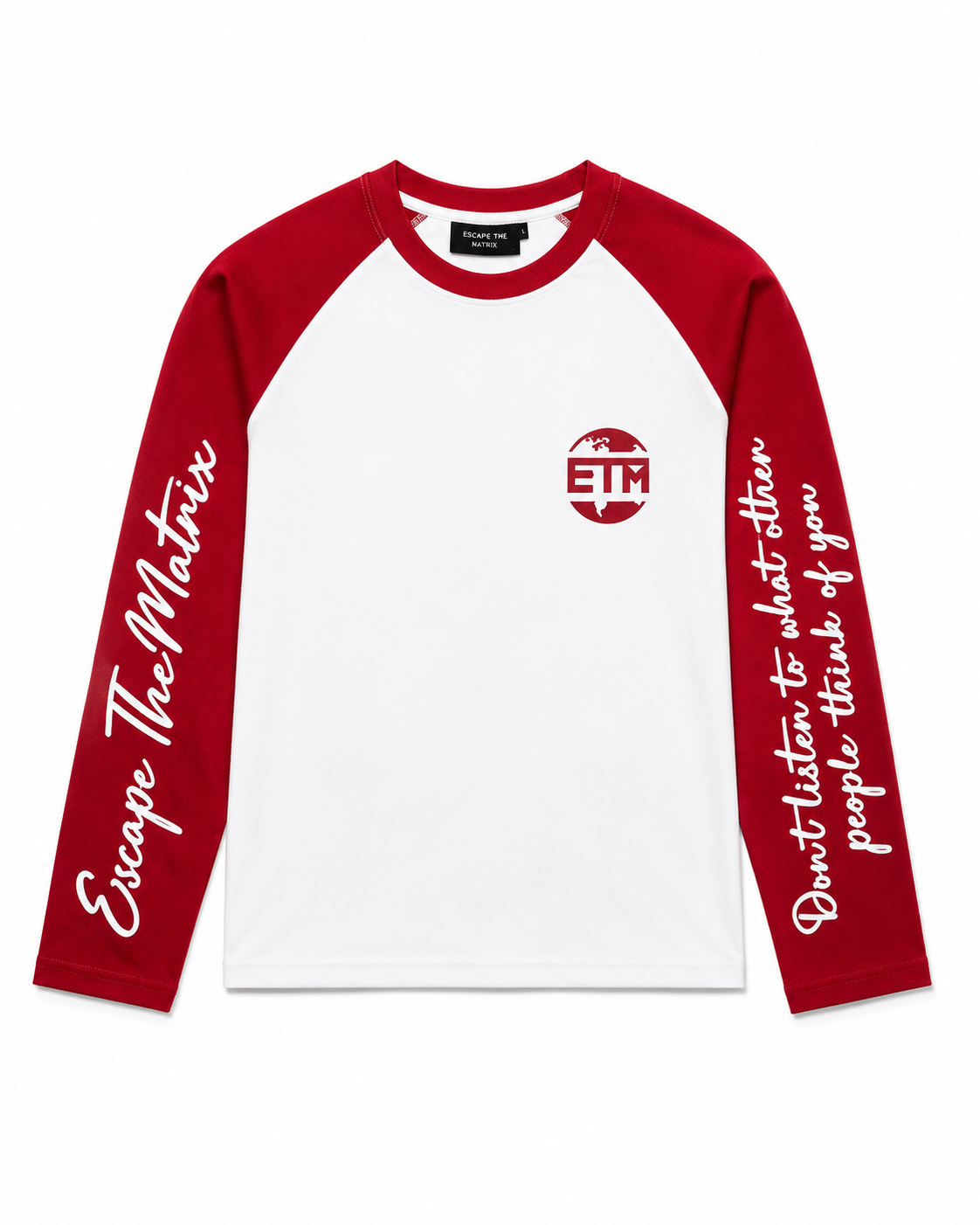Red and white long sleeve with writing