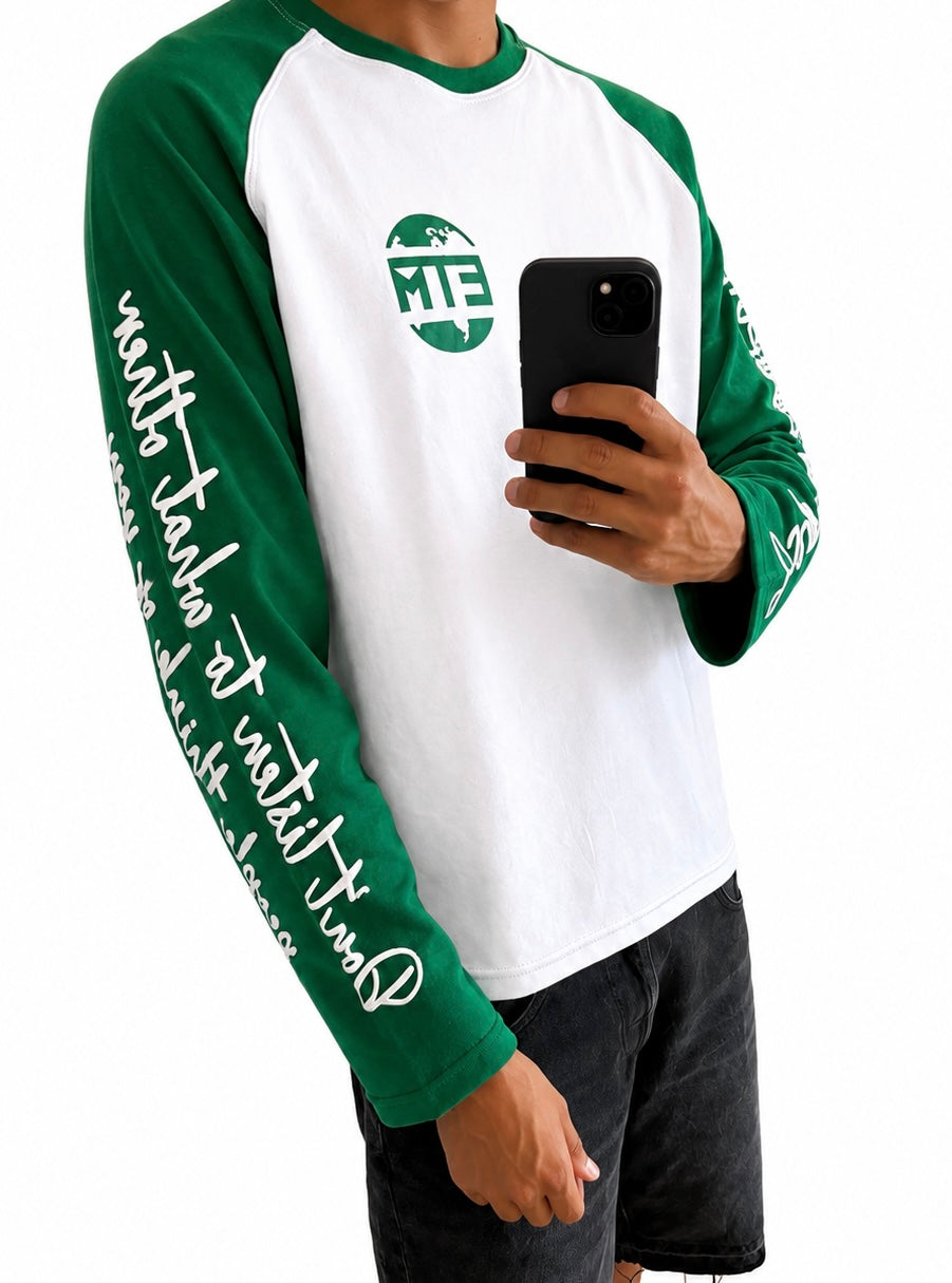 Green and white long sleeve with writing