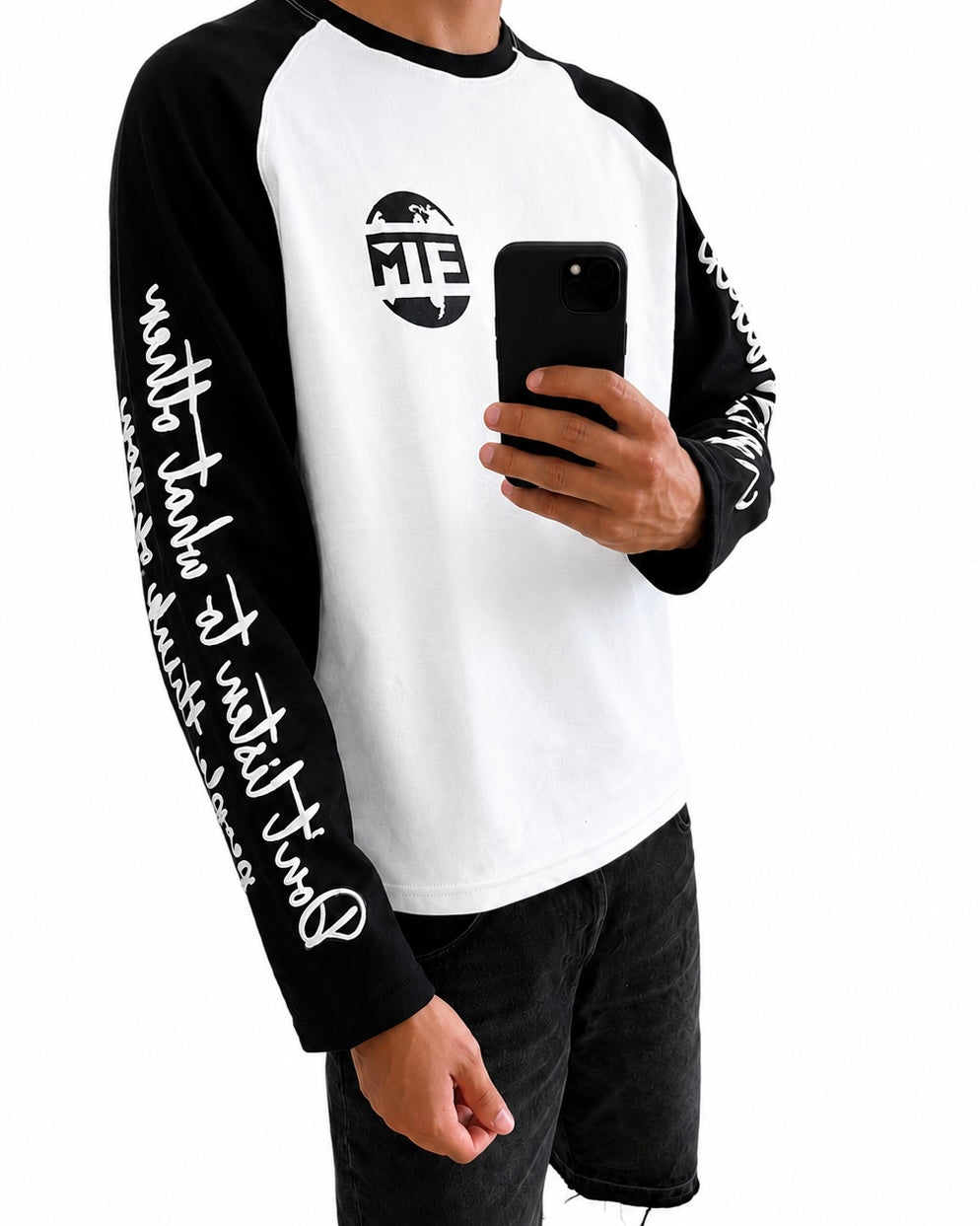 Black and white long sleeve with writing