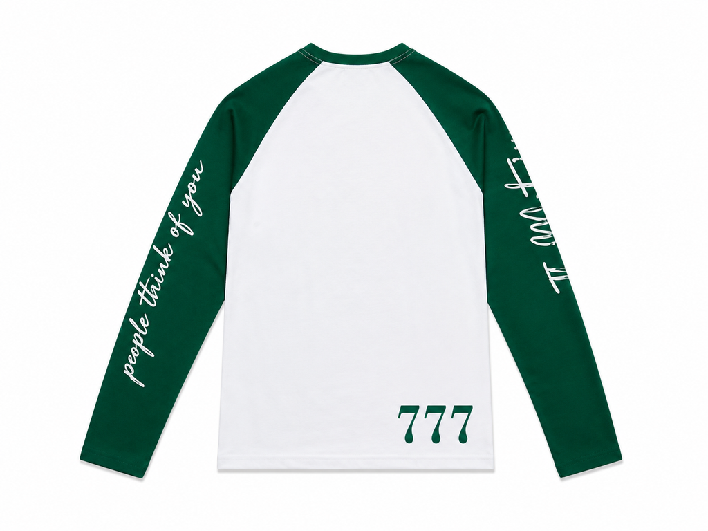 Green and white long sleeve with writing