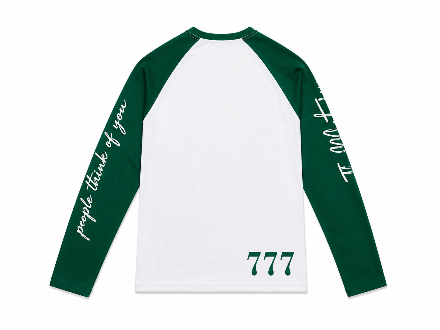 Green and white long sleeve with writing
