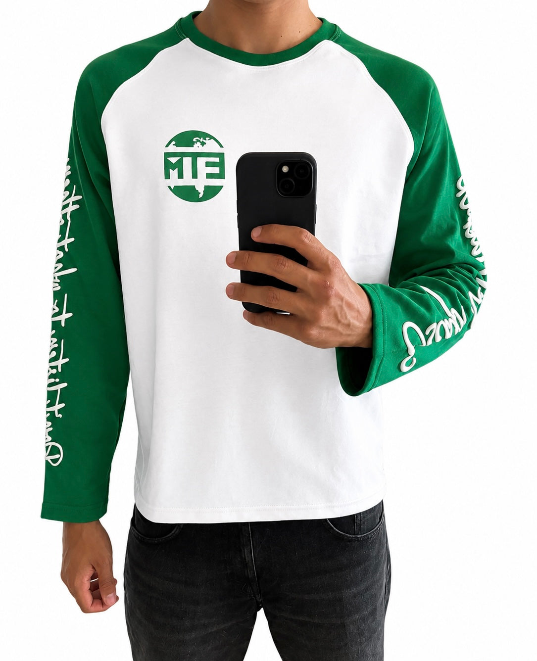 Green and white long sleeve with writing
