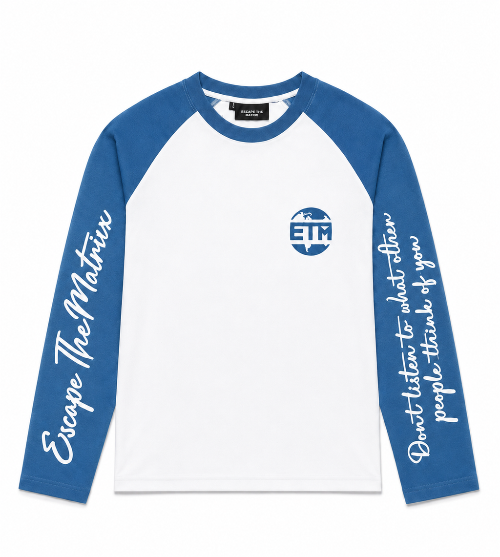 Baby blue and white long sleeve with writing