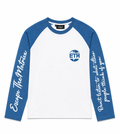 Baby blue and white long sleeve with writing